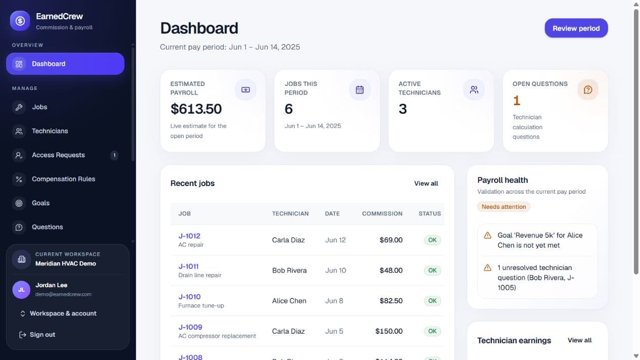 EarnedCrew owner dashboard showing commission and payroll summaries